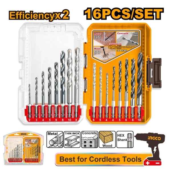 INGCO 16 Pcs Metal masonry and wood drill bits set - AKDL11608
