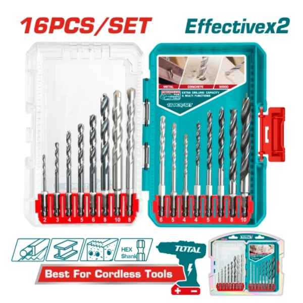 TOTAL 16 Pcs Metal, Masonry & Wood Drill Bits Set - TACSDI11608