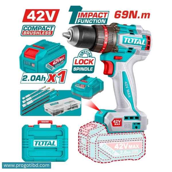 TOTAL 69Nm Compact Brushless Cordless Impact Drill - TIDLI426981